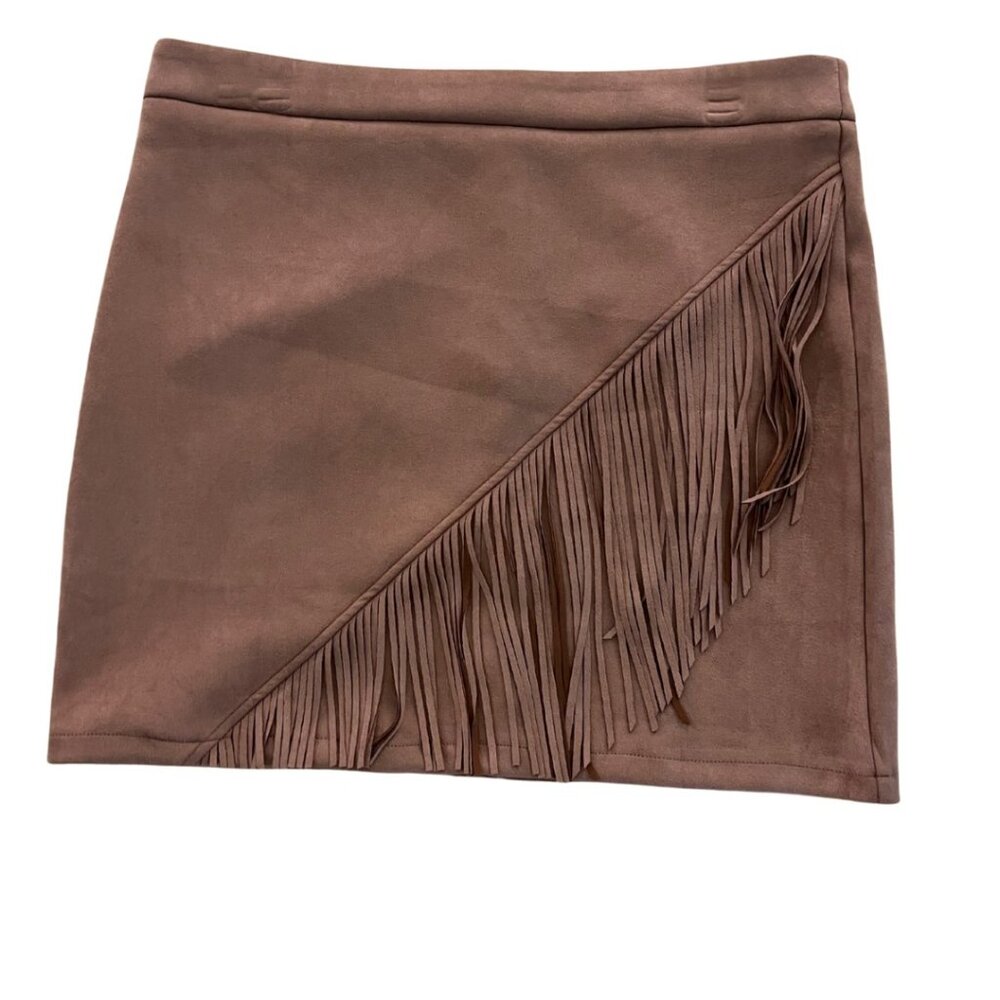 CRAZY TRAIN Fringe Faux Suede Mini Skirt Cowgirl Western Fall Rodeo Festival L